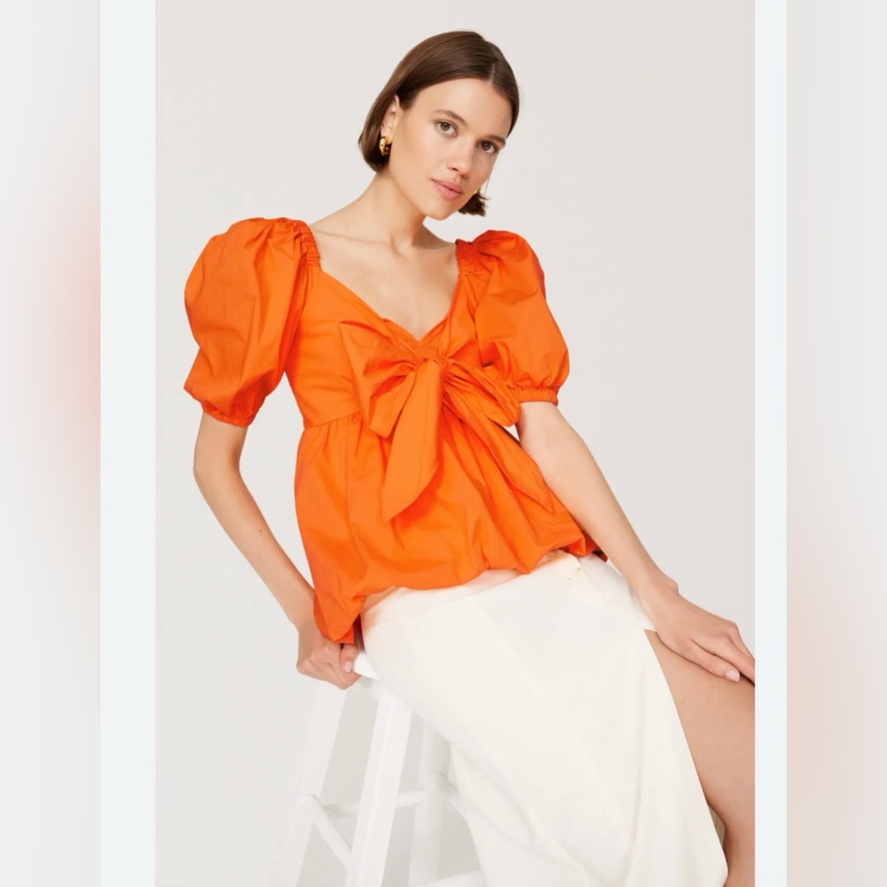 Toccin x RTR Orange Puff Sleeve Bow Front Crop Top Size 8 Wrap Blouse